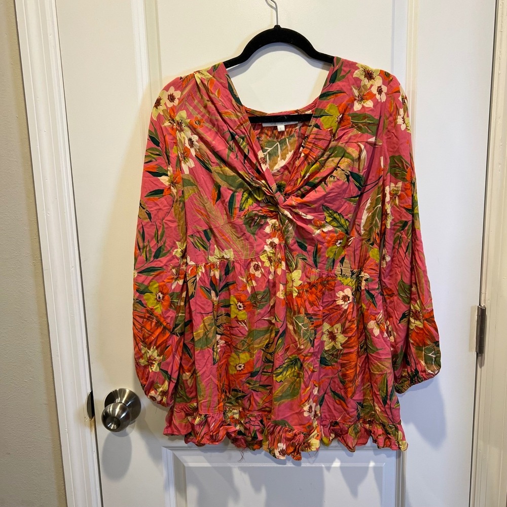 BUNGALOW Tropical Floral Print‎ Twist Front Peplum Blouse Womens Size L